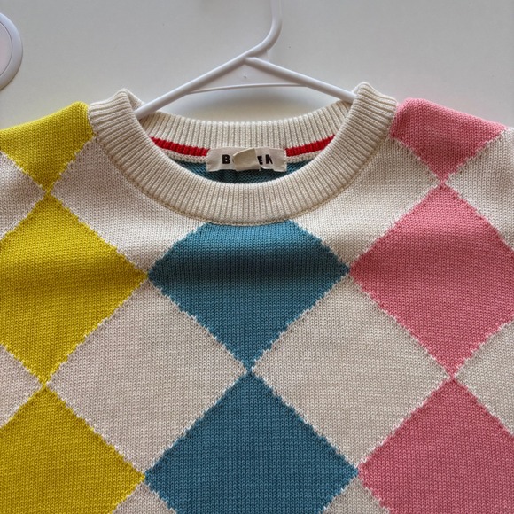 Boden Cotton Argyle Crew Sweater Large Diamond Harlequin Yellow Pink Blue Red - Picture 3 of 8